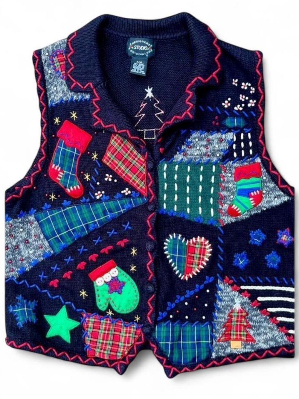 Vintage 90s Embroidered Patchwork Black Cotton/Ramie Blend Christmas SweaterVest